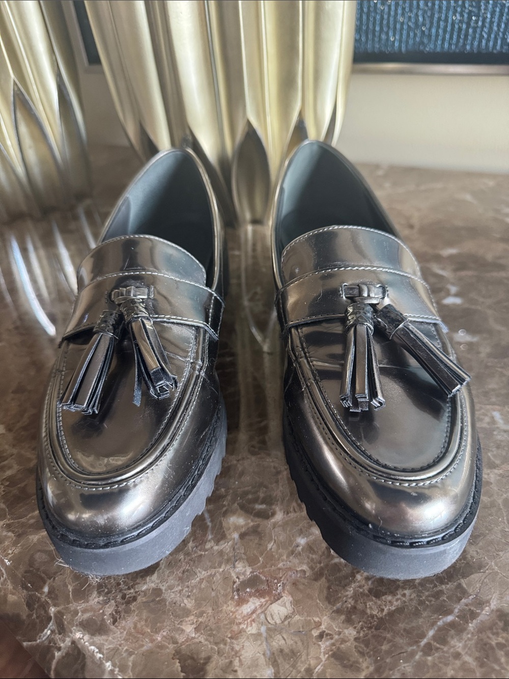 Franco Sarto Black Patent Tassel Loafers